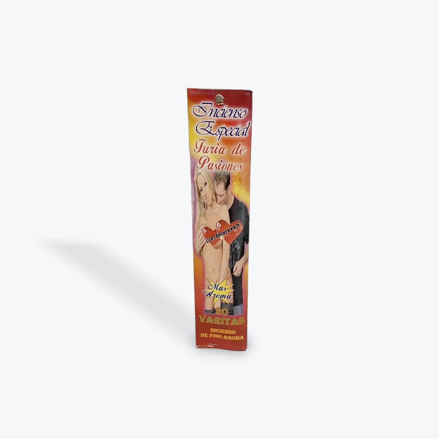 Incense packaging for Incienso Especial Furia de Pasiones with romantic couple illustration