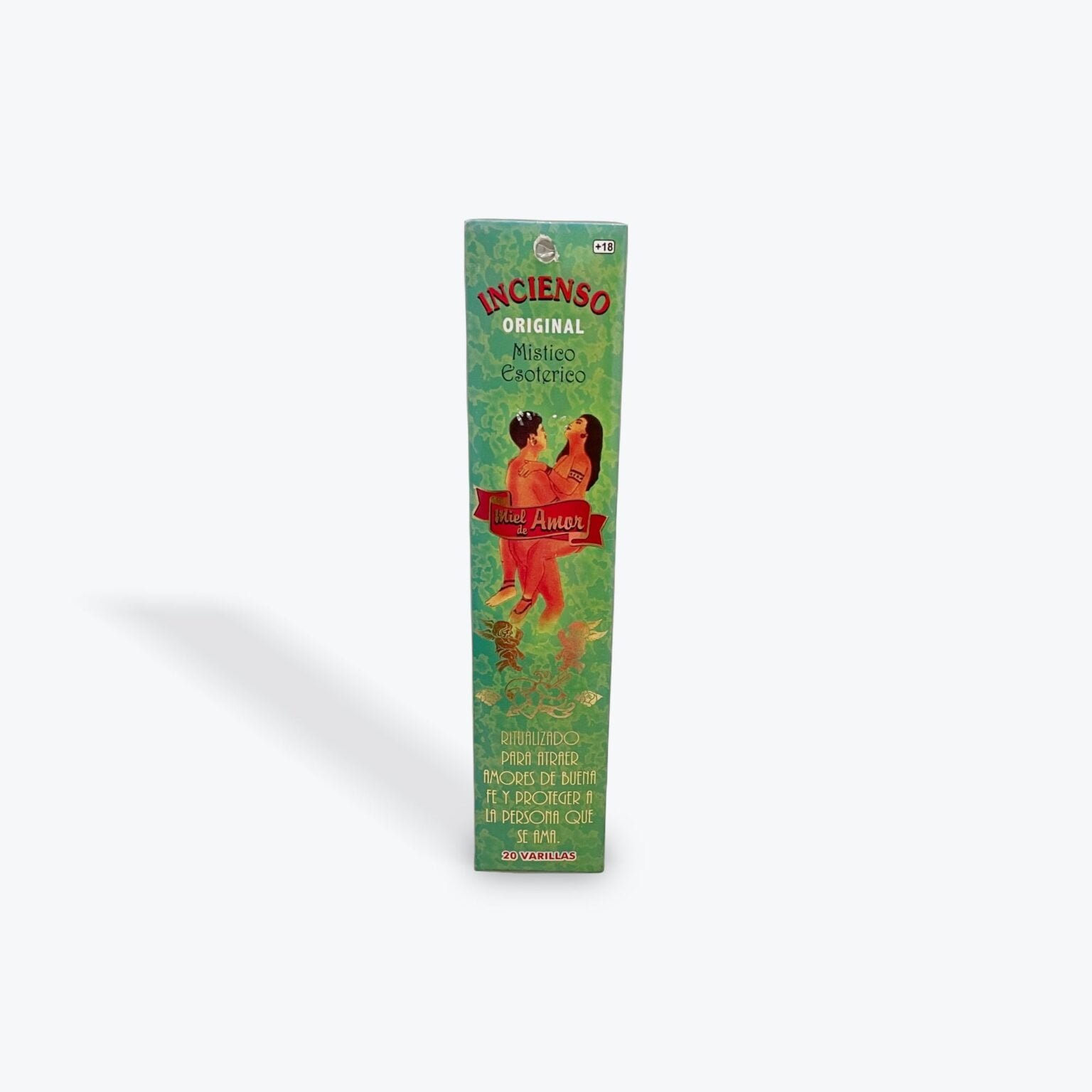 Incense packaging for Incienso Original Místico Esotérico with romantic couple illustration