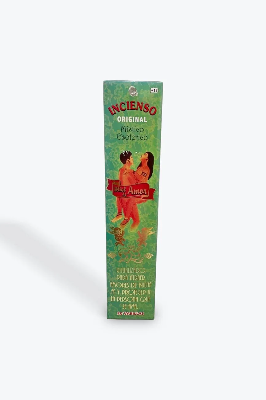 Incense packaging for Incienso Original Místico Esotérico with romantic couple illustration