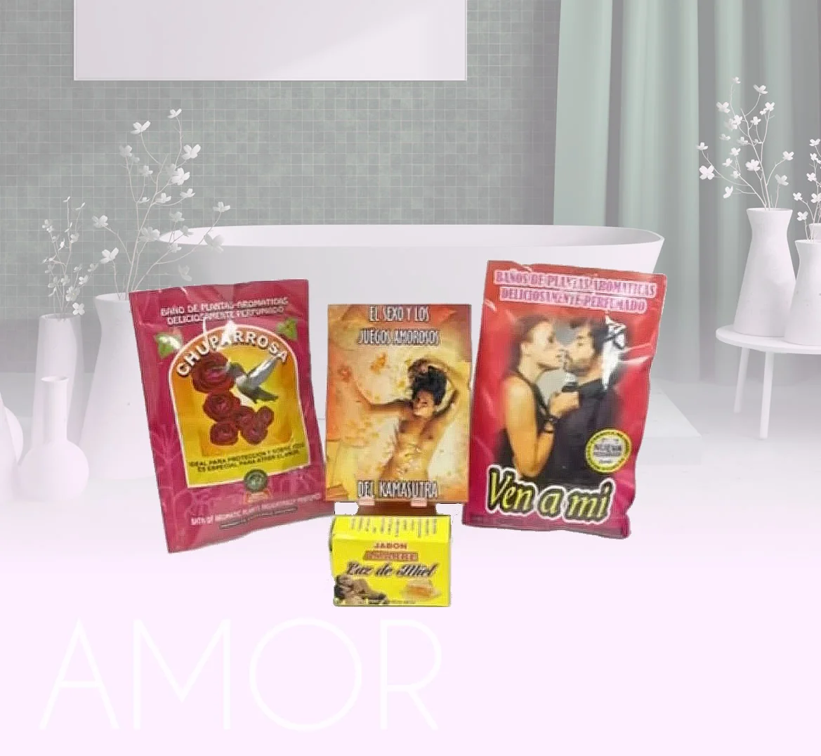 Amor love bath products including aromatic powders and soaps displayed in a bathroom
