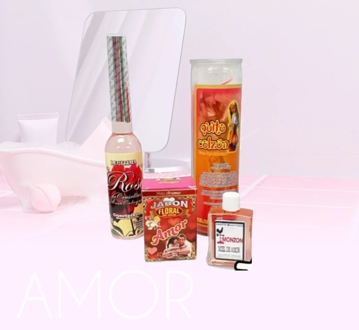 Amor love products including soap, perfume, and candles displayed on a vanity