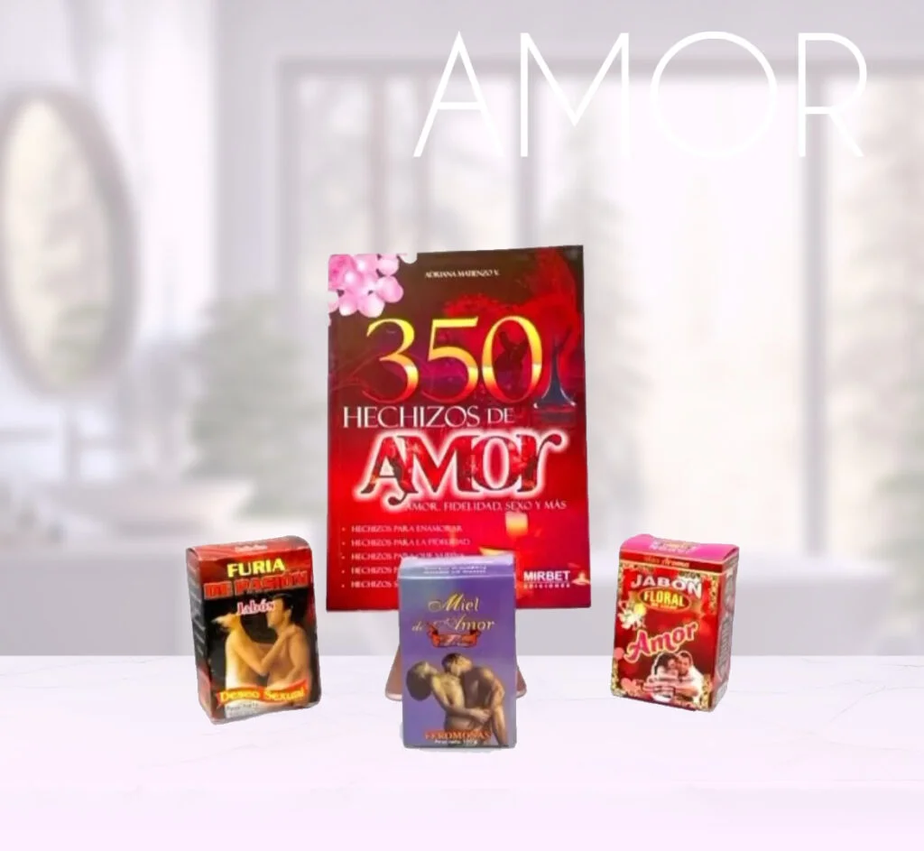 Amor love spell products including books and soaps displayed on a table